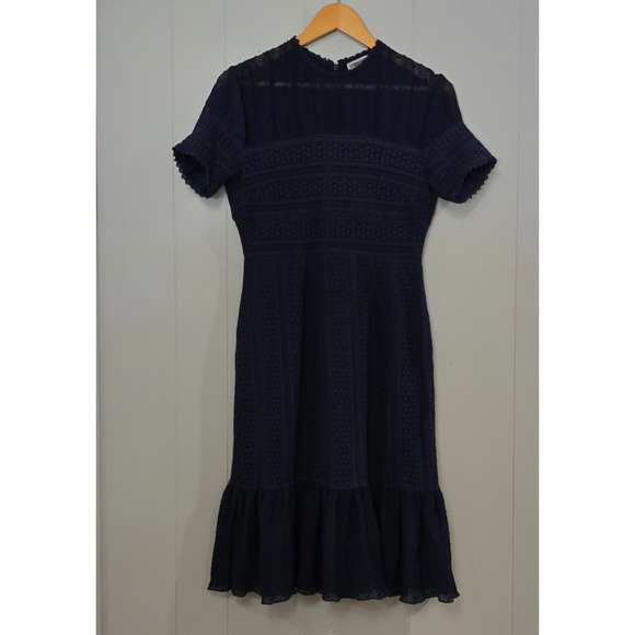 Chelsea28 Dress Lacy Sheath Midi Ruffle Hem Navy Blue Gauze Eyelet Size Large - Picture 1 of 10